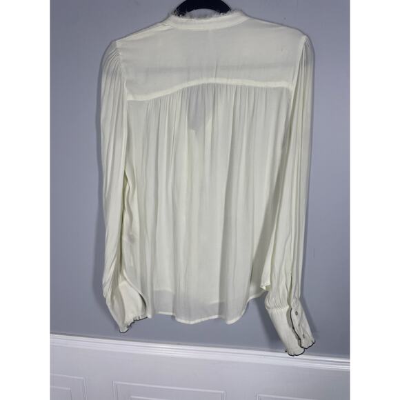 Free People, Size Small, Off White Button Up Blouse, Distressed Ruffle Contrast - Picture 8 of 9